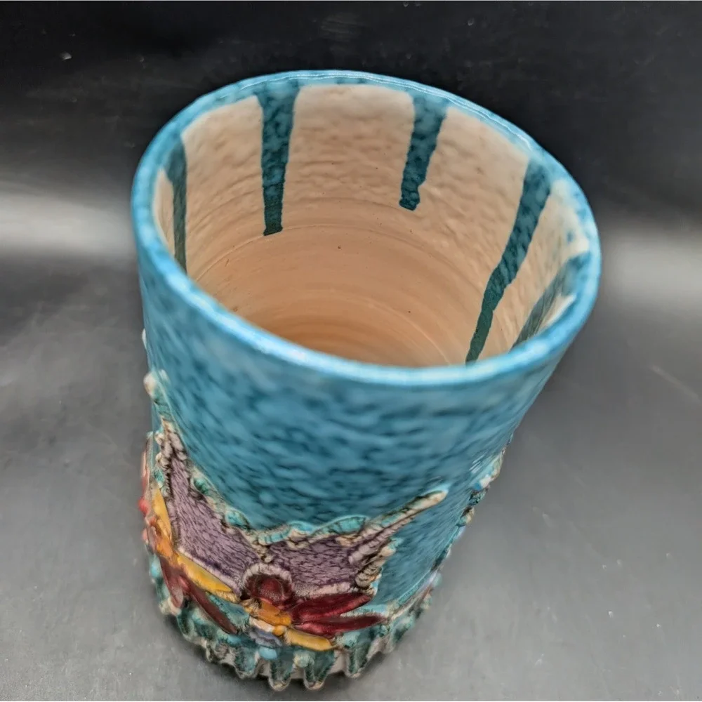 Fratelli Fanciullacci Italian Art Pottery Vase Turquoise Floral Relief 1740/W45